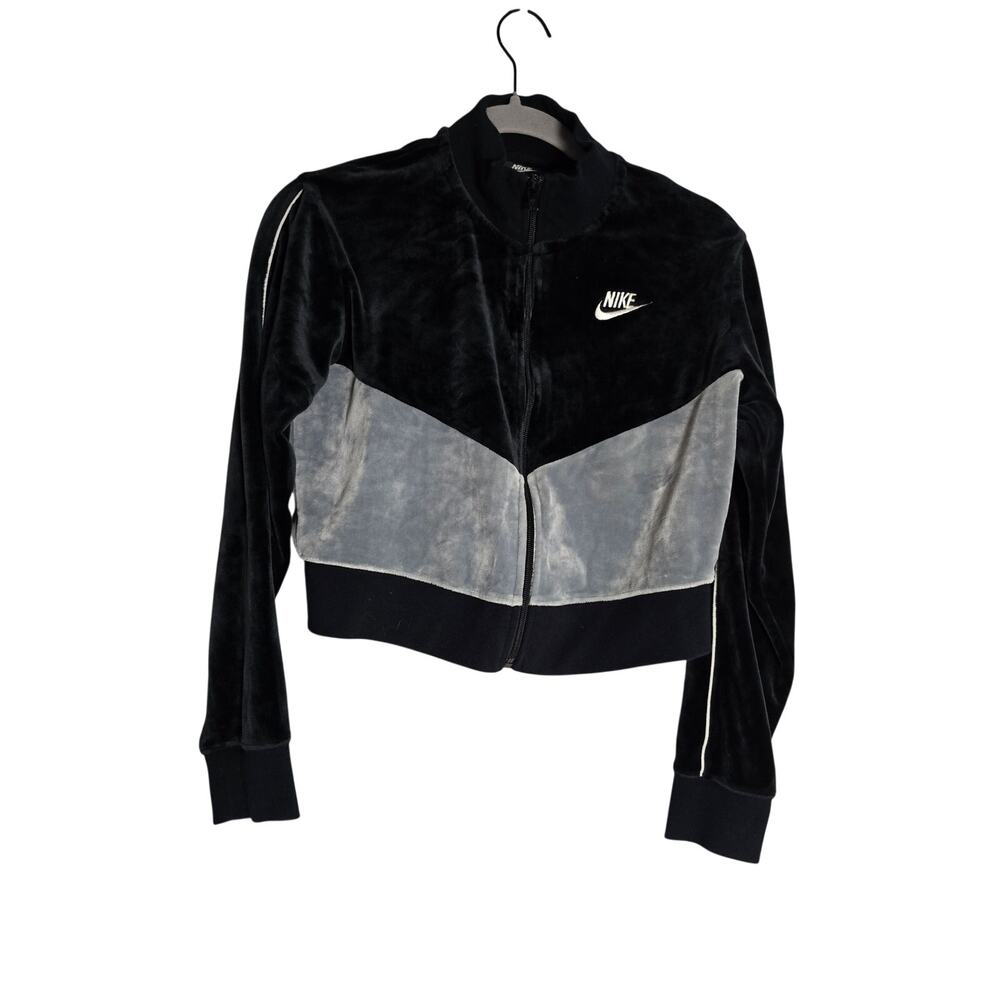 Nike Women's Small Velour Track Jacket Black Gray Color Block Y2K Zip Up Casual